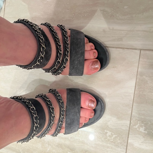 Chain Strap Gray Suede Chanel Heels - Picture 1 of 8